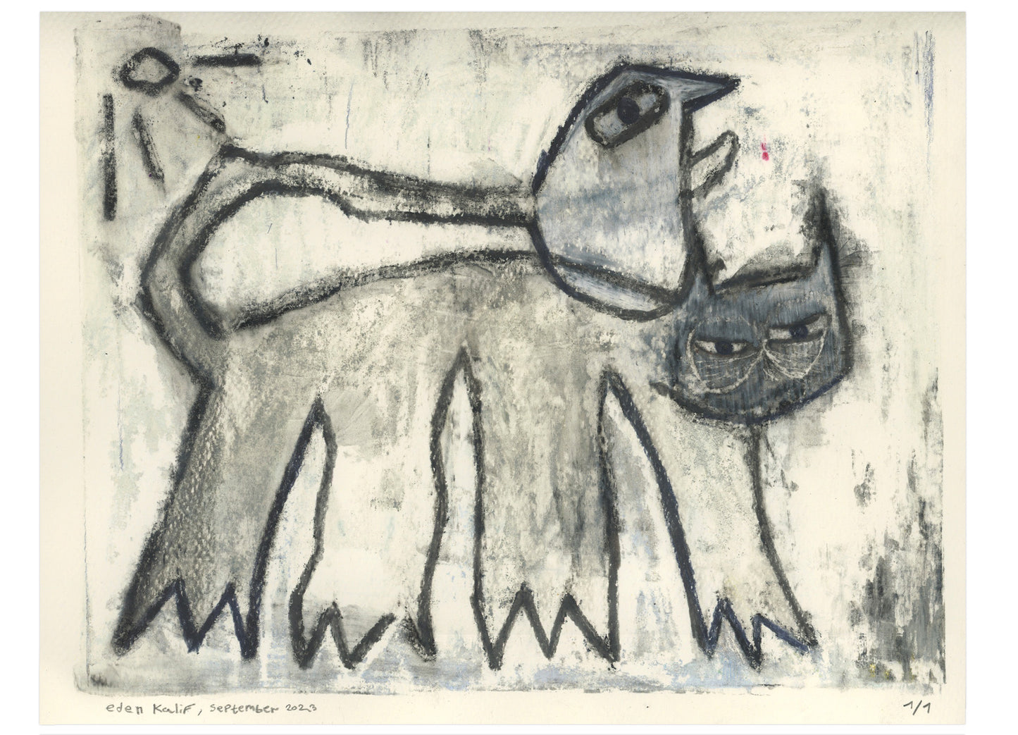 #3 a cat and a bird monoprint  35x25 cm
